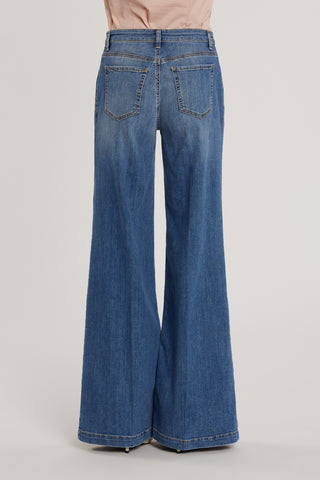 Pantalone PALENCIA_B vita alta palazzo con passanti a punta più dettagli bottoni denim