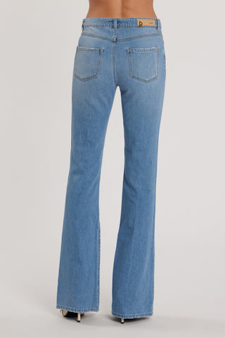 Pantalone SCHIFFER_210 vita media cinque tasche con applicazioni strass flaire fit denim blu