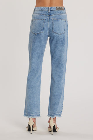 Pantalone CINDY_28 vita media cinque tasche con applicazioni strass cigarette fit denim blu