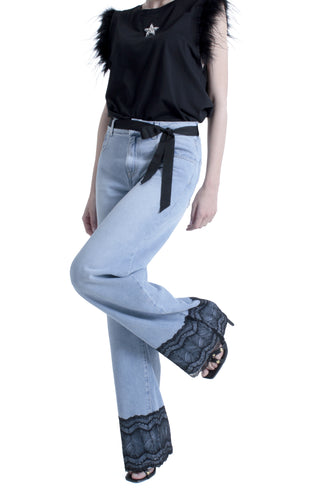 Pantalone ELLELONG_27 vita media con cintura più applicazioni pizzo fondo straight fit denim blu