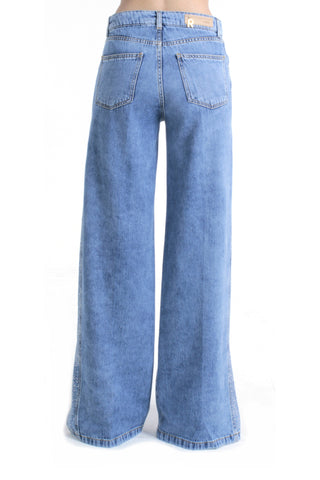 Pantalone ELLESPACK_20 vita media con applicazioni strass più spacchi laterali straight fit denim blu