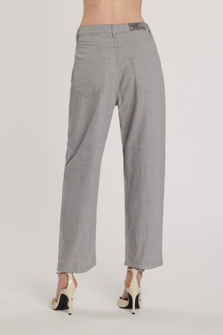 Pantalone CARLA_32 vita media cinque tasche con applicazioni strass laterali baggy fit grey cotone