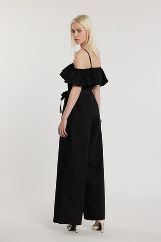 Tuta STRAUX lunga maniche lunghe scollo barca più bretelle con balze più cintura con nappe