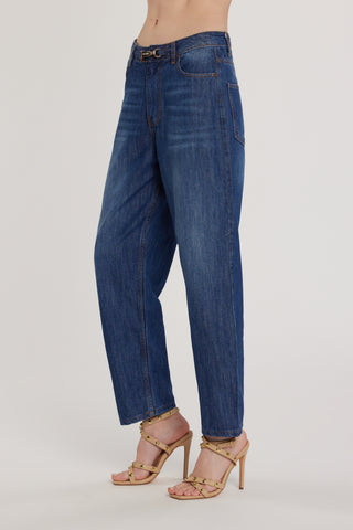 Pantalone CARLA_241 vita media cinque tasche con cintura alamaro baggy fit denim blu