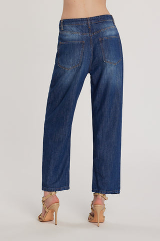 Pantalone CARLA_241 vita media cinque tasche con cintura alamaro baggy fit denim blu