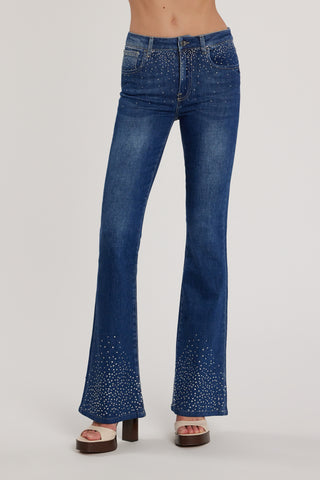 Pantalone SCHIFFER_211 vita media cinque tasche con applicazioni strass busto più fondo flaire fit denim blu