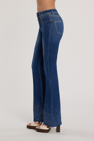 Pantalone SCHIFFER_211 vita media cinque tasche con applicazioni strass busto più fondo flaire fit denim blu