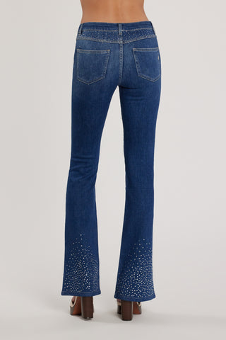 Pantalone SCHIFFER_211 vita media cinque tasche con applicazioni strass busto più fondo flaire fit denim blu