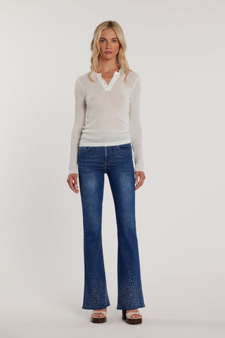 Pantalone SCHIFFER_211 vita media cinque tasche con applicazioni strass busto più fondo flaire fit denim blu
