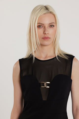 Abito SABINE corto smanicato scollo a cuore con inserti tulle più passante logo