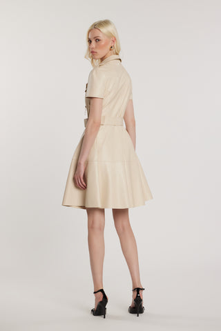 Abito GRACELLE midi maniche lunghe effetto chiodo con zip più cintura con gonna a campana ecopelle