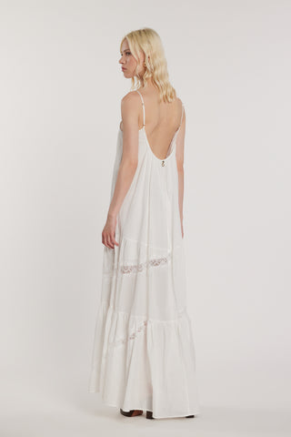 Abito CATHERY lungo smanicato con arricci più balze più inserti pizzo