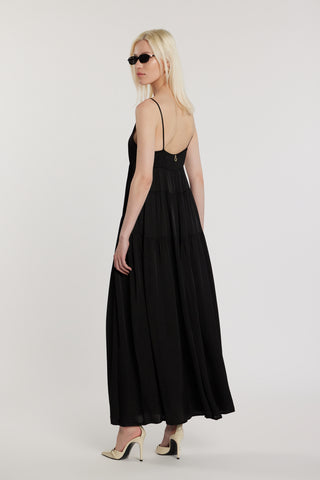 Abito MANNYS lungo smanicato con arricci più balze in raso