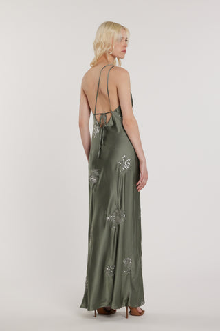 Abito ARCAJA lungo monospalla più stringhe dietro con ricamo fiori paillettes