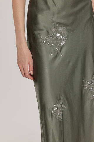 Abito ARCAJA lungo monospalla più stringhe dietro con ricamo fiori paillettes