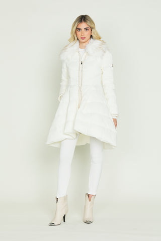 KAZUMI long-sleeved down jacket with full skirt and faux fur collar