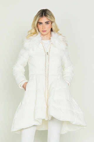 KAZUMI long-sleeved down jacket with full skirt and faux fur collar