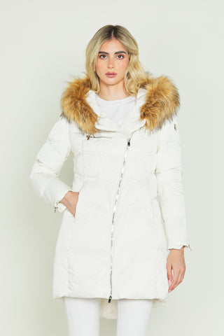 DIESSA_ZIP long-sleeved down jacket with transversal zip and hood with faux fur