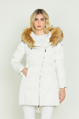 Piumino DIESSA_ZIP lungo con zip trasversale cappuccio con ecopellicia