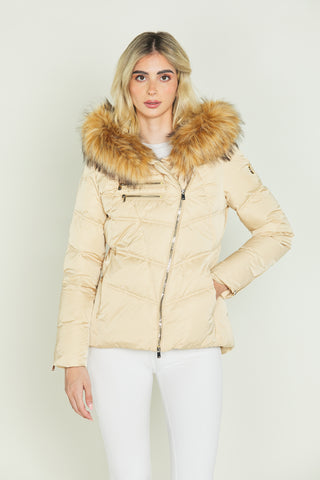 PYLET_ZIP long-sleeved down jacket with pockets and transversal zip and hood with faux fur