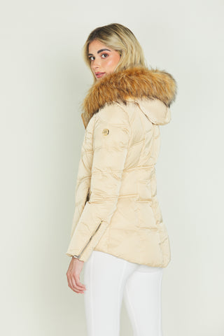 PYLET_ZIP long-sleeved down jacket with pockets and transversal zip and hood with faux fur