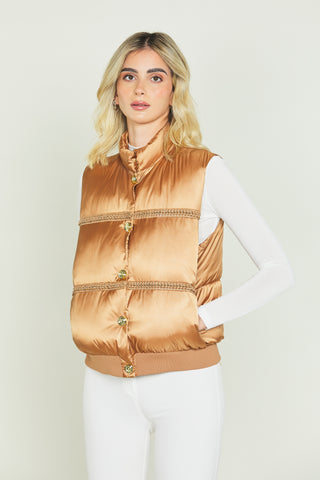 SAYOKO sleeveless down jacket with button plus eco-leather inserts plus chains plus satin edges
