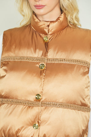 SAYOKO sleeveless down jacket with button plus eco-leather inserts plus chains plus satin edges