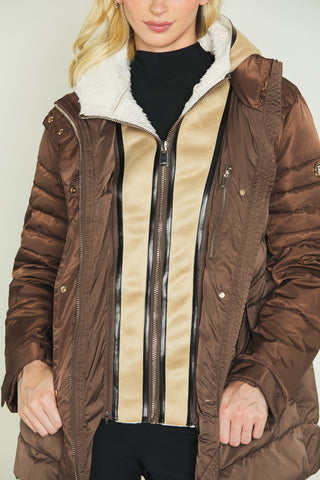 CHISATO long-sleeved down jacket with eco-sheepskin insert and detachable hood. More zips more ts