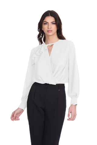 PULISS short blouse with long sleeves and pleated crossover neckline with drop back and ruffles
