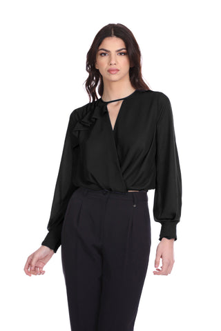 PULISS short blouse with long sleeves and pleated crossover neckline with drop back and ruffles
