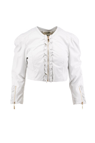 MUISCER jacket, short 3/4 sleeves, Chanel collar, shoulder placket, zip and eco-friendly ruffles.