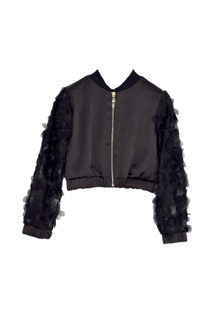 ANICE short jacket with long sleeves and zip plus tulle sleeves with flower petals and satin