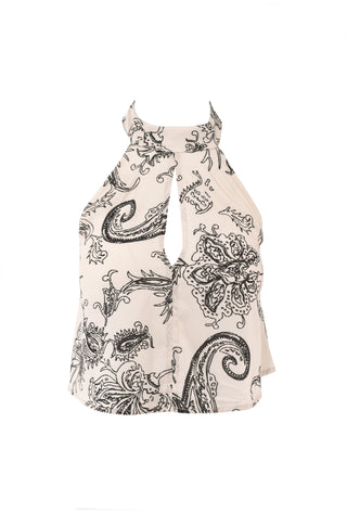 PEACK/A short top with paisley pattern with opening on the back and keyhole neckline on the front