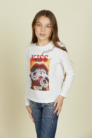 IMPETUOSA long-sleeved t-shirt with kiss print and stone appliqués