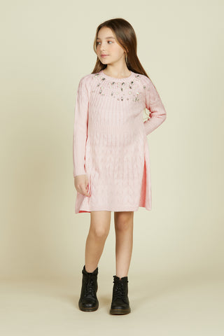 TESEA short, long-sleeved, flared dress with pearl and cabochon applications