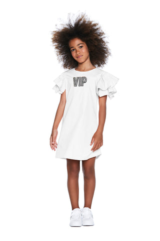ORANGE short ruffled dress with VIP glitter print 