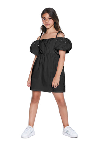 TUMMY short dress with bow straps, half puff sleeves with studs application 
