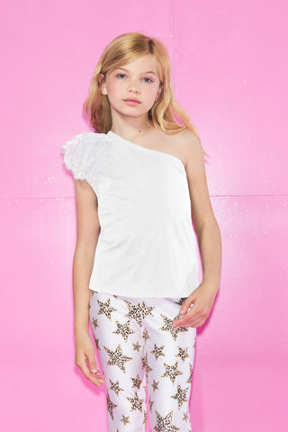 CAELUMINA T-Shirt One shoulder half sleeve Tulle plus lace