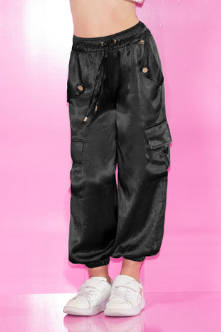 EMIMORFITES trousers with drawstring plus curls and satin pockets