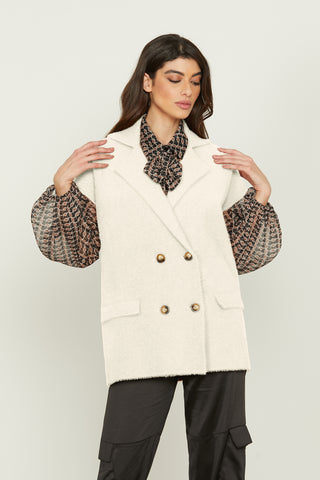 REBBY half-sleeved double-breasted vest coat with fur yarn flaps