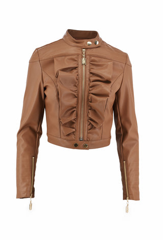 SABIC long-sleeved Korean collar jacket with zip and ruffles plus eco-leather stitching