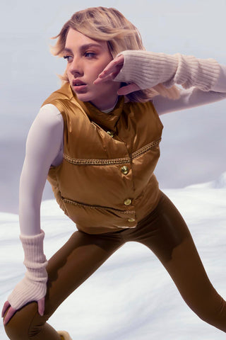 SAYOKO sleeveless down jacket with button plus eco-leather inserts plus chains plus satin edges