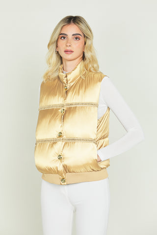 SAYOKO sleeveless down jacket with button plus eco-leather inserts plus chains plus satin edges