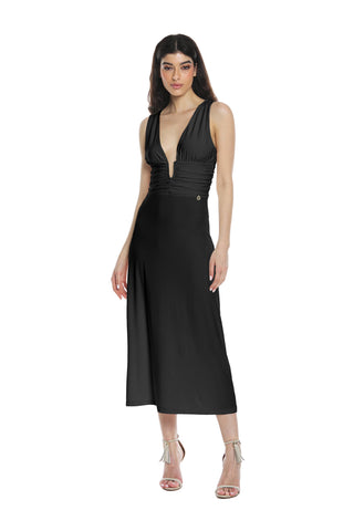 SEMHAR sleeveless midi dress with double neckline and gathered details