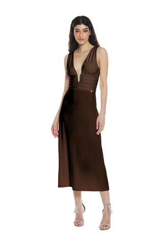 SEMHAR sleeveless midi dress with double neckline and gathered details