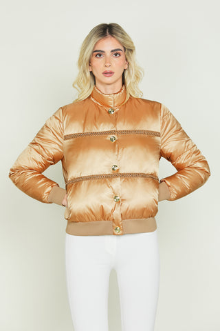 SHINOBU long-sleeved bomber jacket with button plus eco-leather insert plus chains plus satin edges