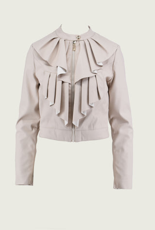 SPECIAL long sleeve jacket with ruffles plus zip and faux leather korean collar