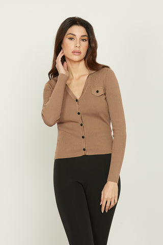 TEMI long-sleeved cardigan with collar plus flaps and contrasting ribbed button