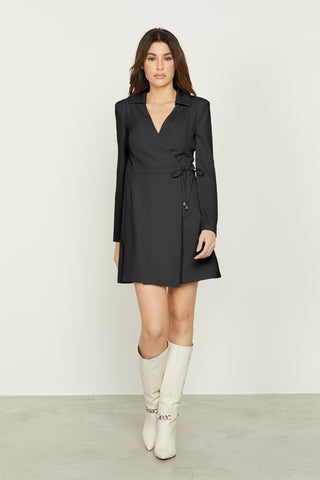 VINSONI short dress, long sleeves, crossover neckline, plus wrap skirt, plus pleats and laces.