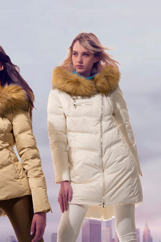 DIESSA_ZIP long-sleeved down jacket with transversal zip and hood with faux fur